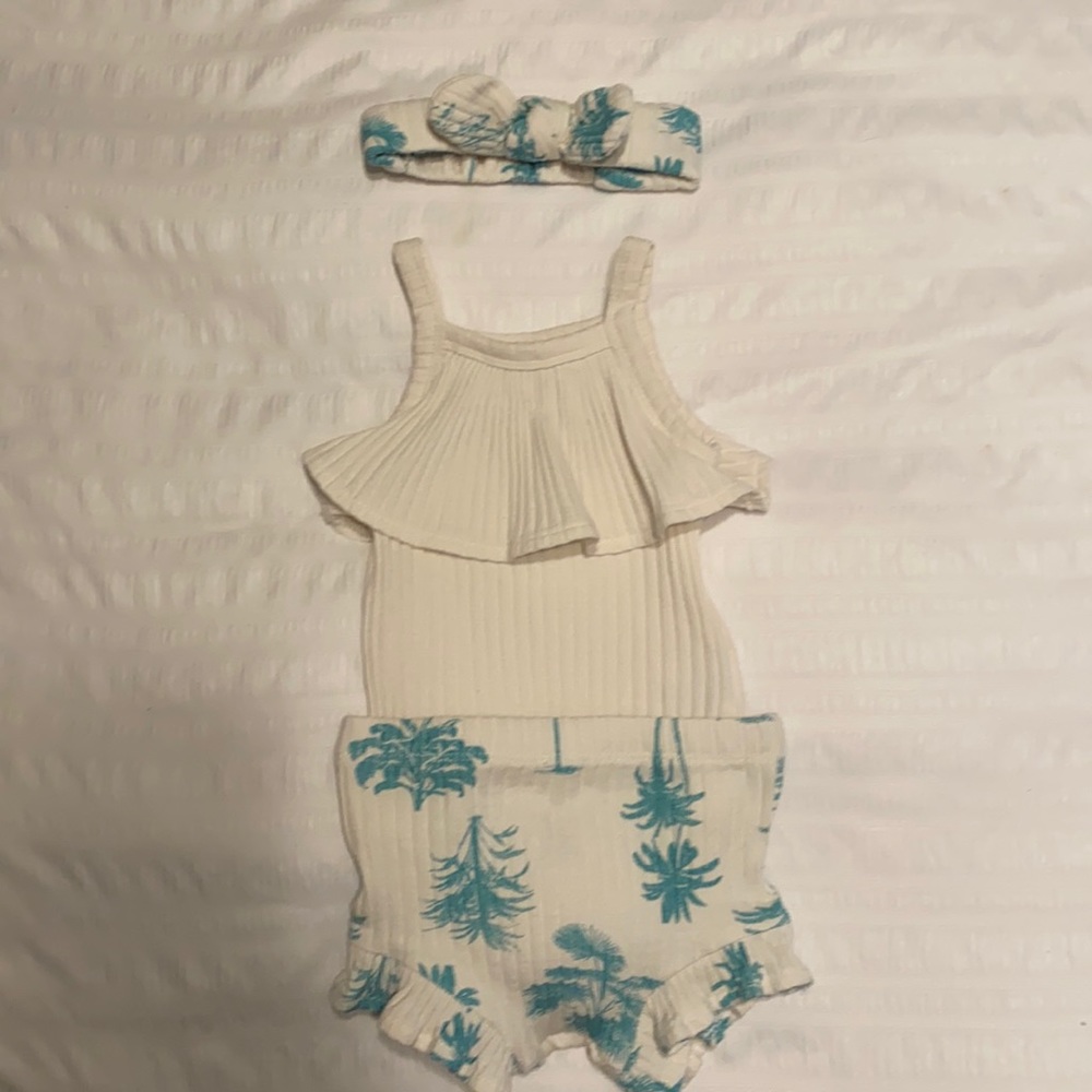 Jessica Simpson 0-3mnths cream and teal two piece outfit with headband